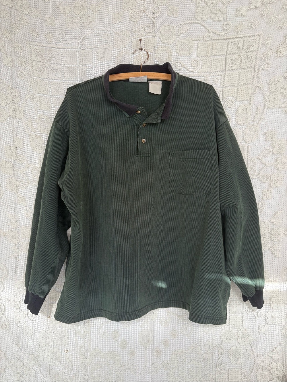 Vintage Men's Dark Green Long Sleeve Polo Shirt with Chest Pocket